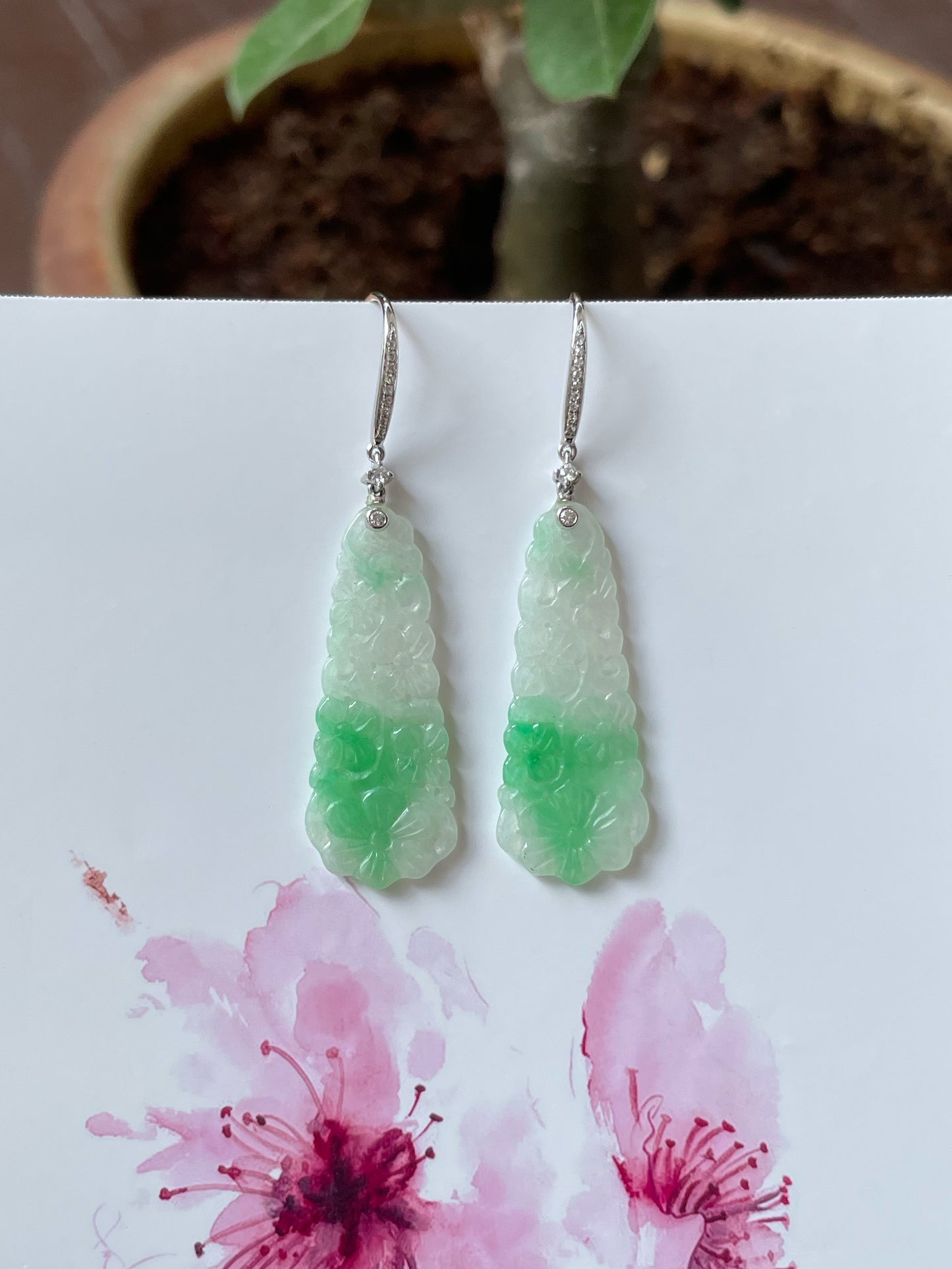 Green Jadeite Carved Earrings (NJE164)