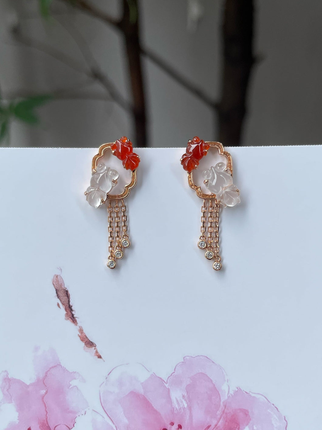 Icy White & Red Jade Earrings - Goldfish (NJE169)