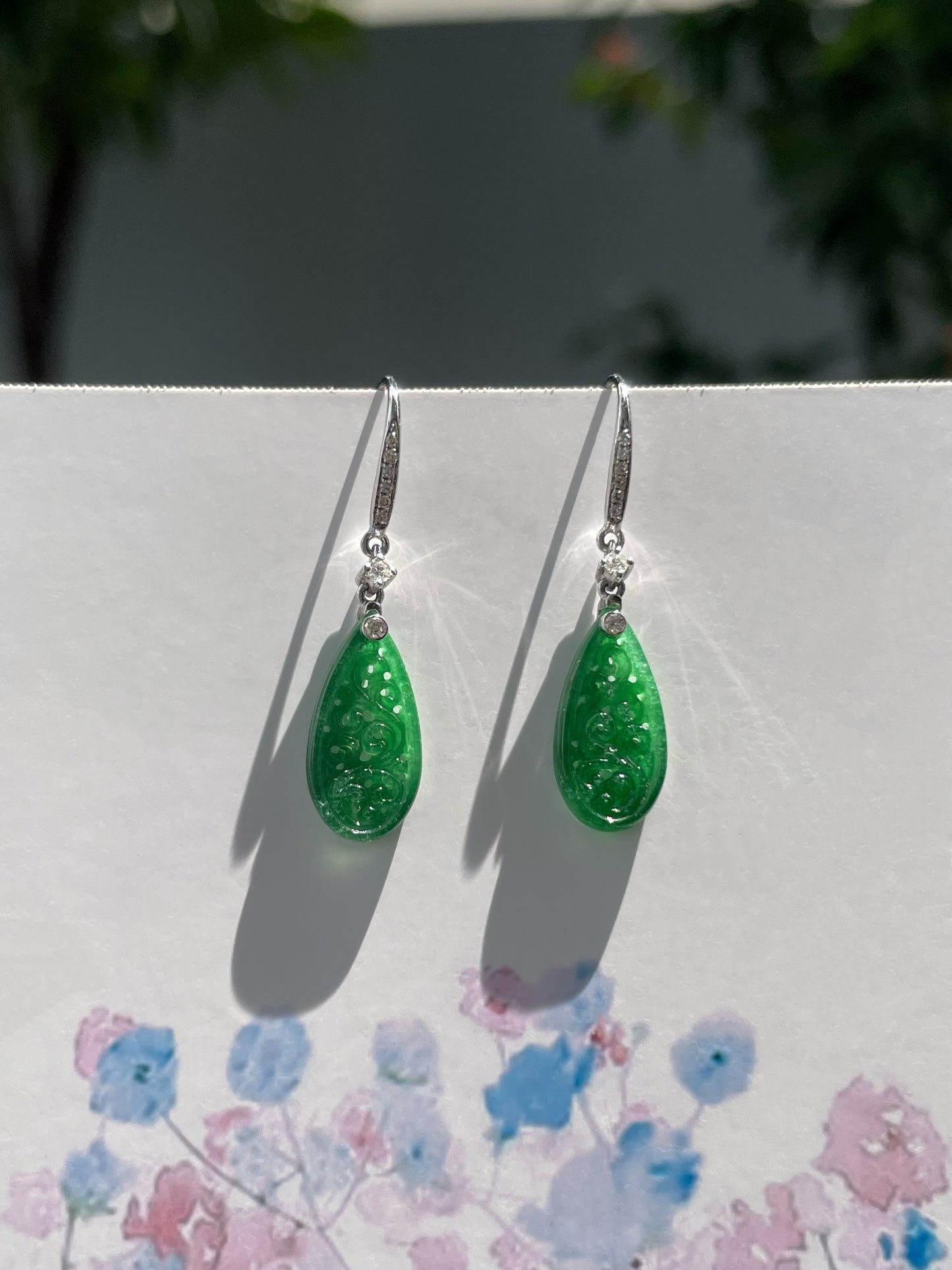 Green Jadeite Carved Earrings (NJE177)