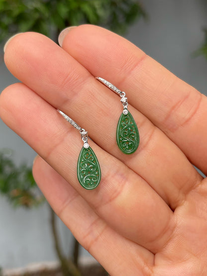 Green Jadeite Carved Earrings (NJE177)