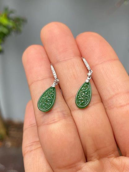 Green Jadeite Carved Earrings (NJE177)