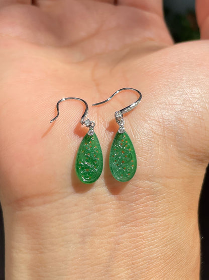 Green Jadeite Carved Earrings (NJE177)