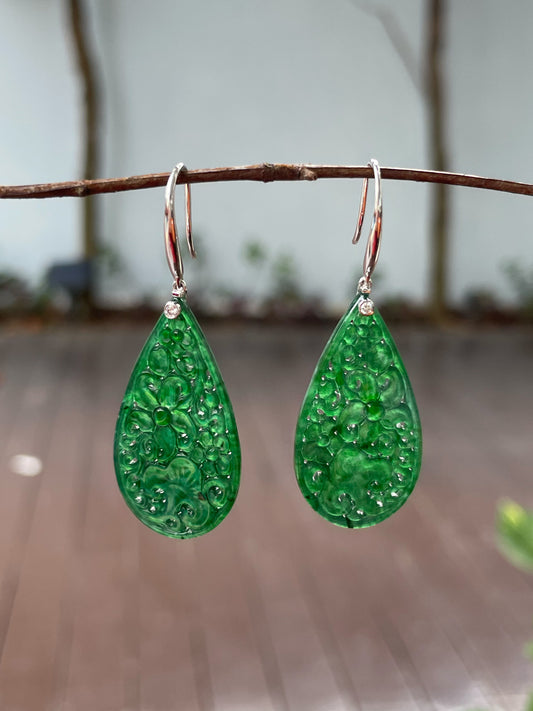 Deep Green Jadeite Carved Earrings (NJE181)