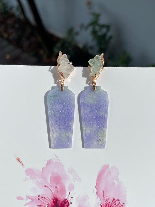 Lavender Jadeite Earrings - Lotus In Vase (NJE194)