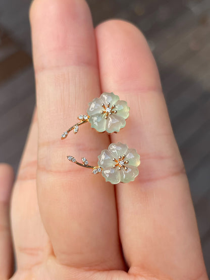 Icy Carved Jade Earrings - Plum Blossoms (NJE197)