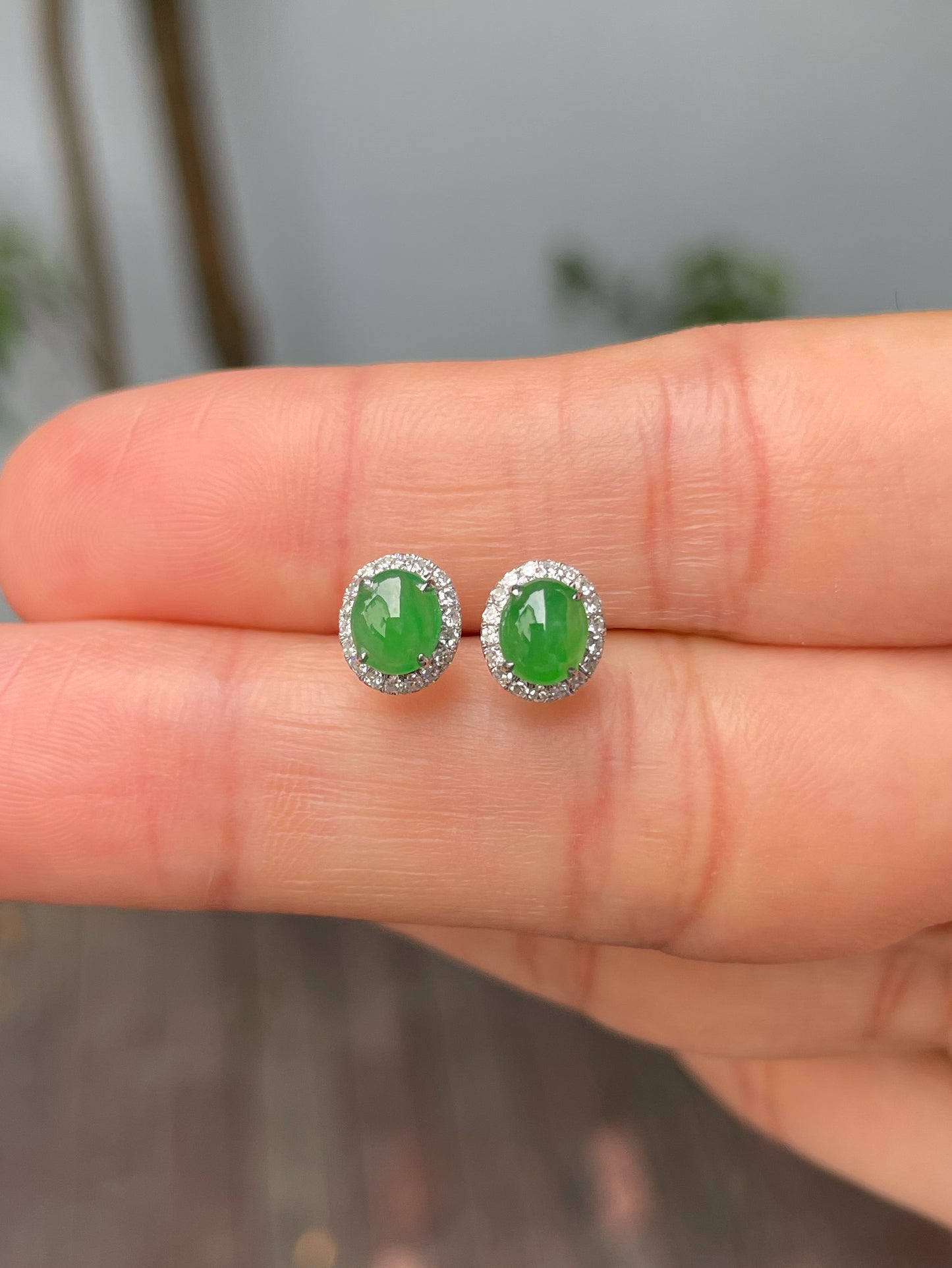 Green Jadeite Cabochon Earrings (NJE199)