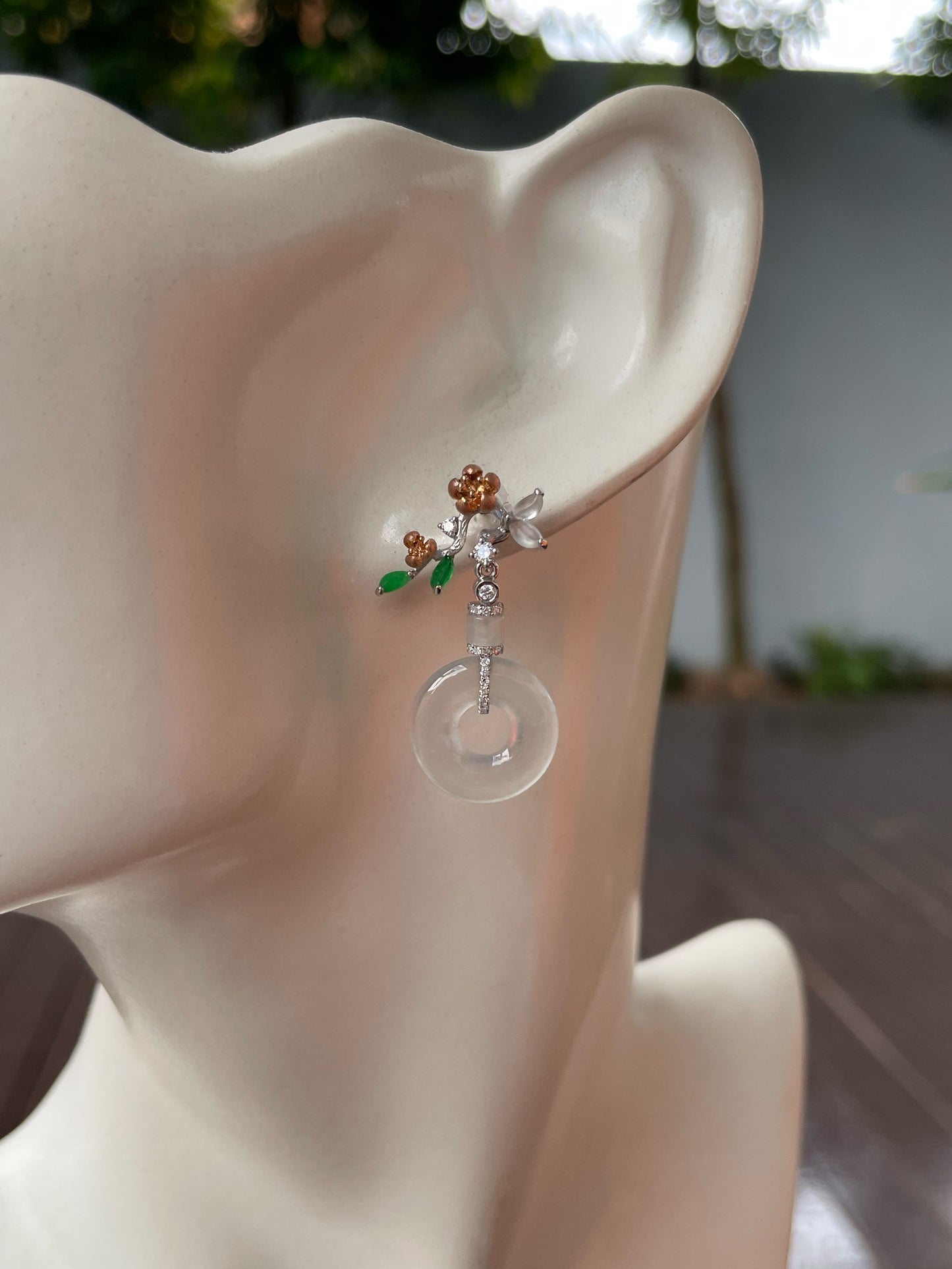 Icy Green Jadeite Earrings - Flowers In Vase (NJE215)