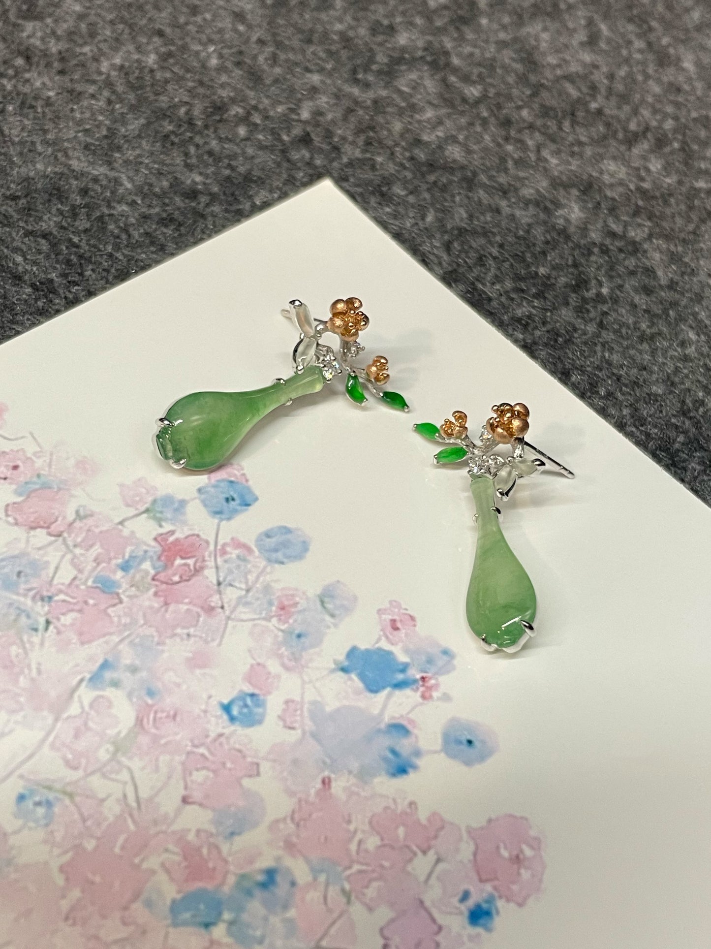 Icy Green Jadeite Earrings - Flowers In Vase (NJE215)