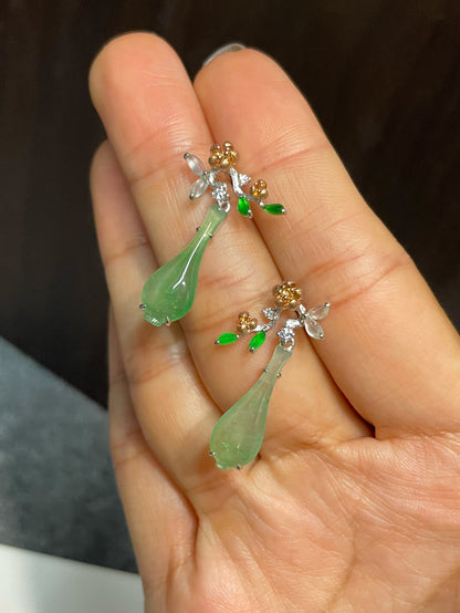 Icy Green Jadeite Earrings - Flowers In Vase (NJE215)