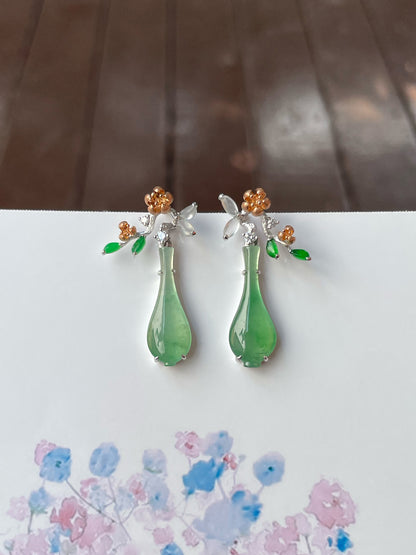 Icy Green Jadeite Earrings - Flowers In Vase (NJE215)