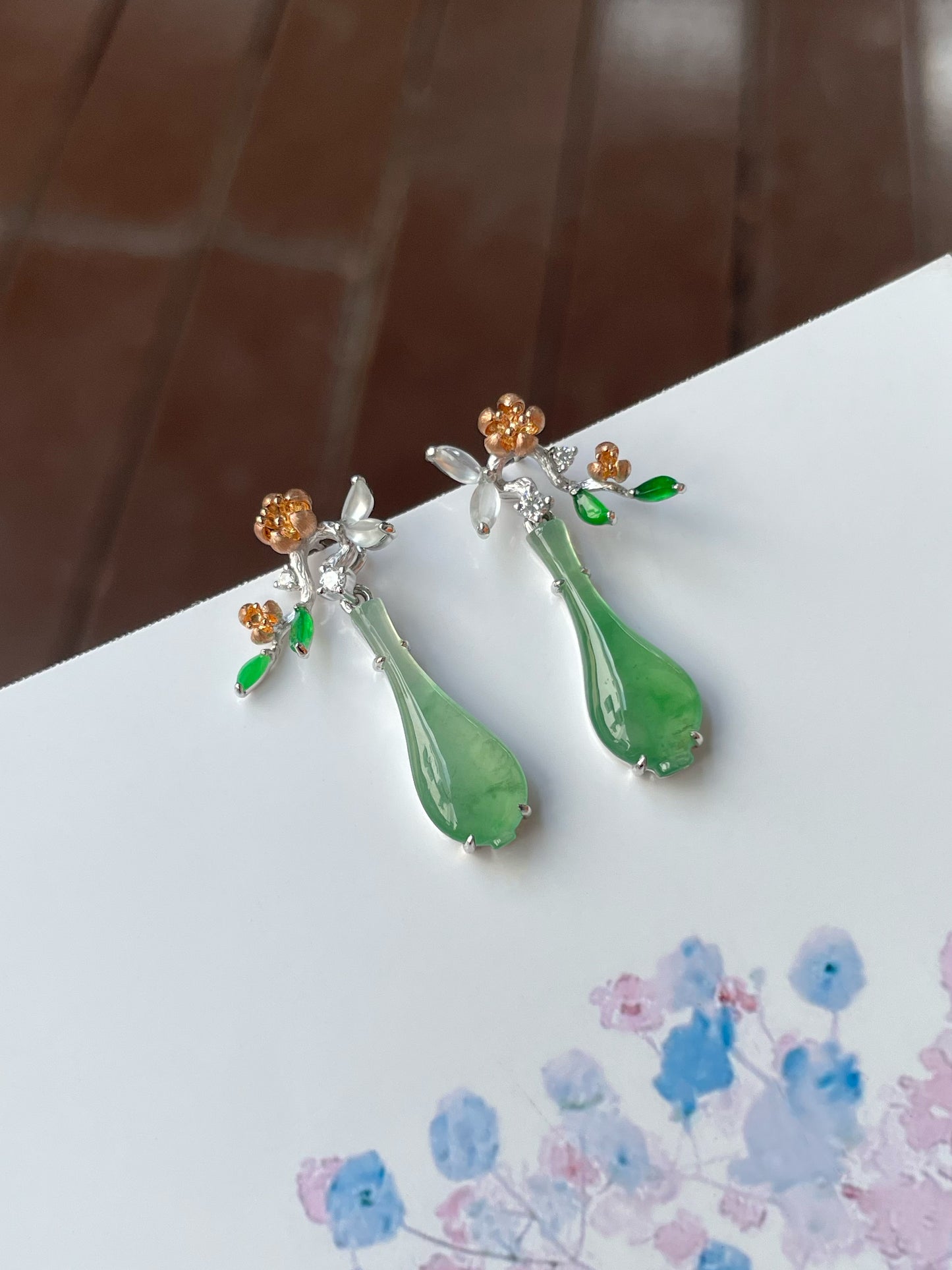 Icy Green Jadeite Earrings - Flowers In Vase (NJE215)