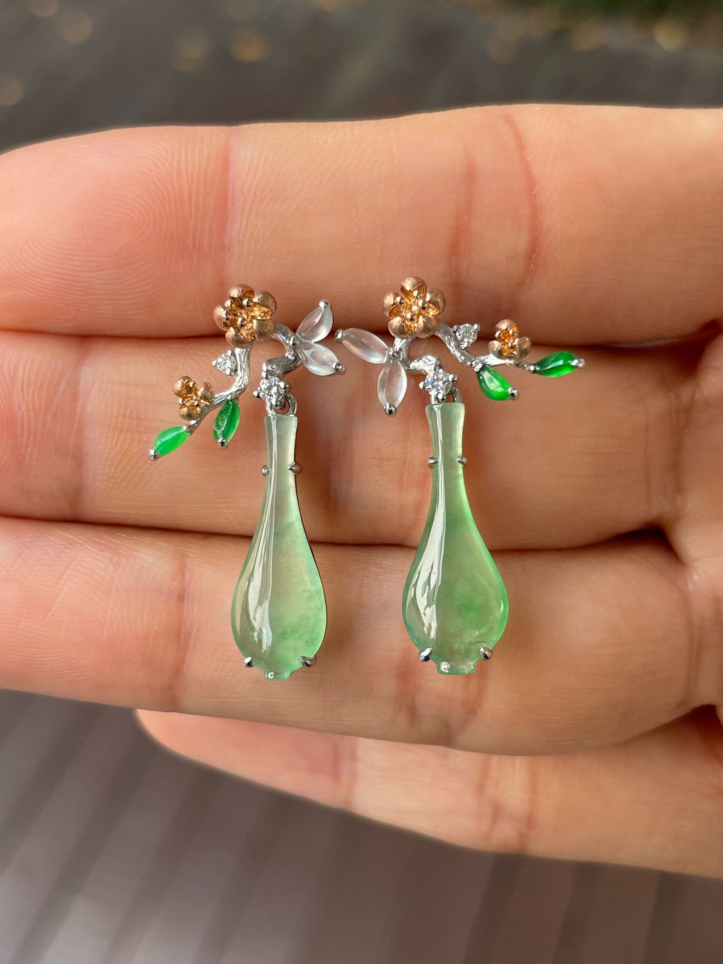 Icy Green Jadeite Earrings - Flowers In Vase (NJE215)