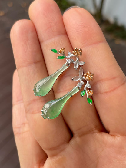 Icy Green Jadeite Earrings - Flowers In Vase (NJE215)