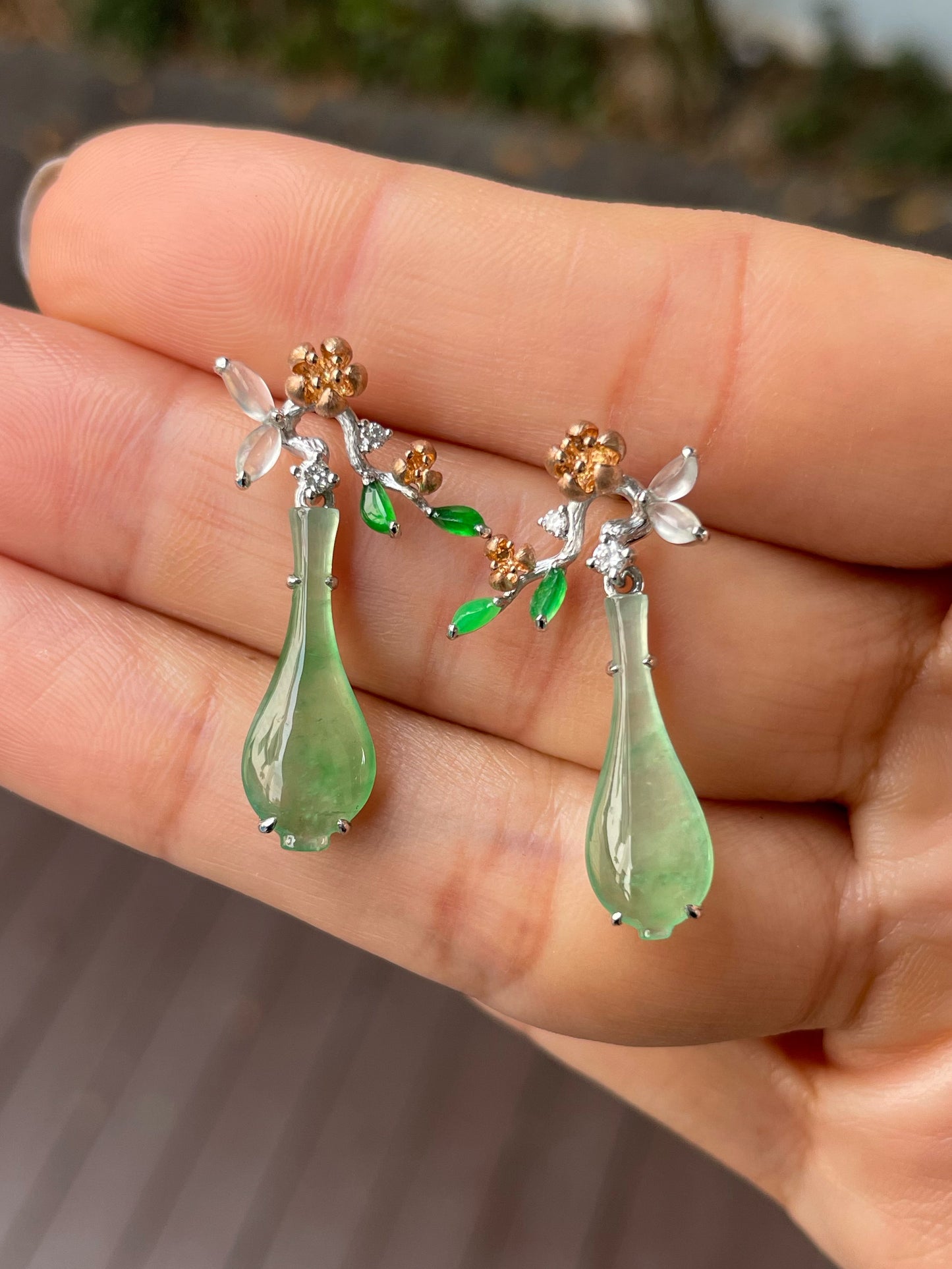 Icy Green Jadeite Earrings - Flowers In Vase (NJE215)