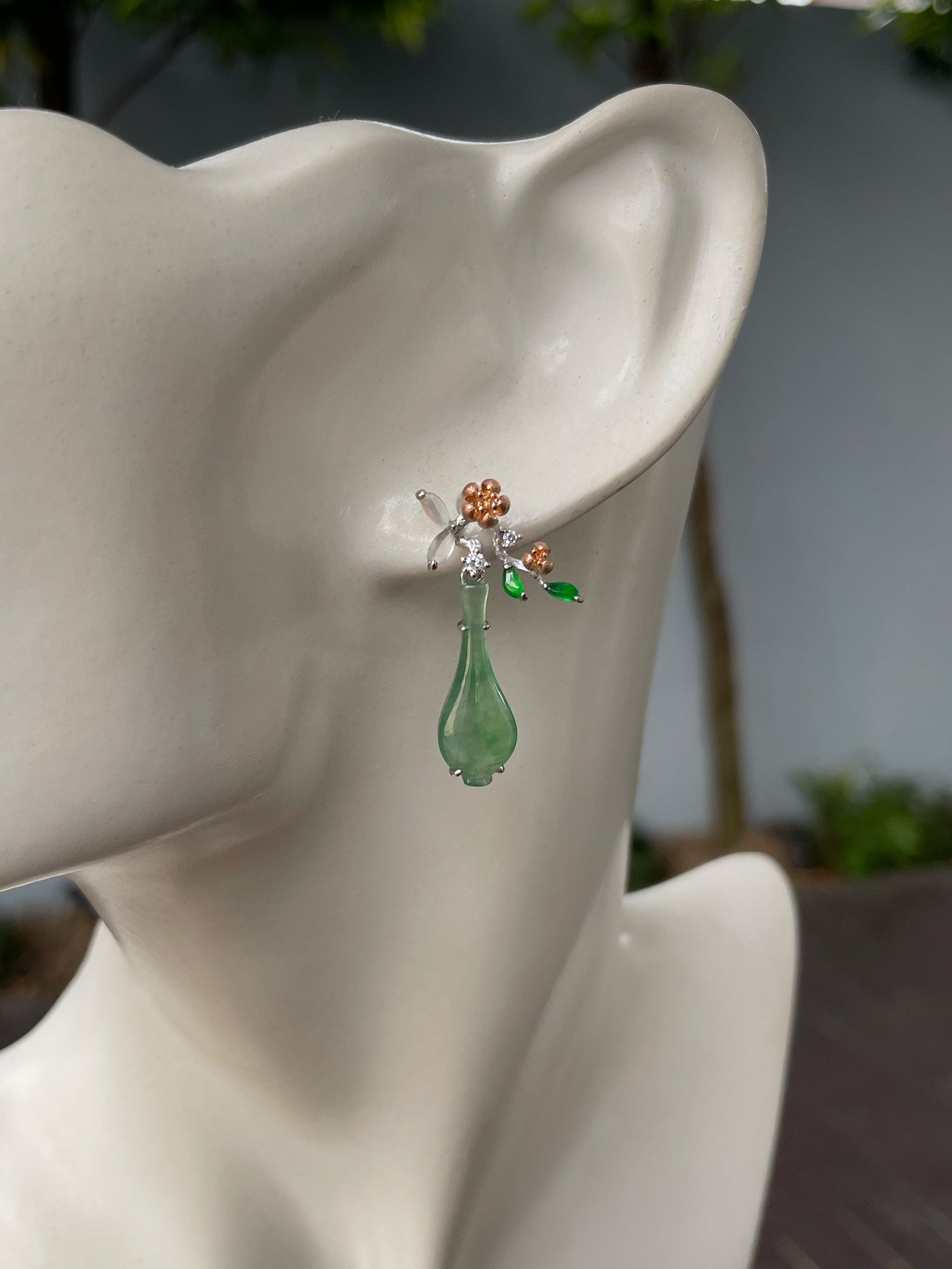 Icy Green Jadeite Earrings - Flowers In Vase (NJE215)