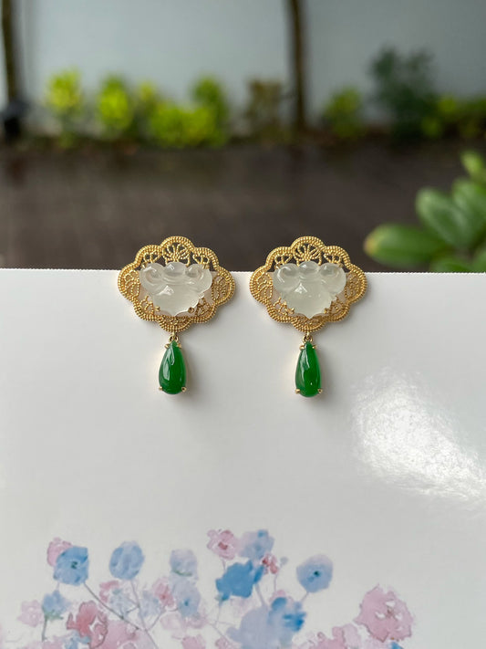 Icy White With Green Jadeite Earrings - Ruyi (NJE228)