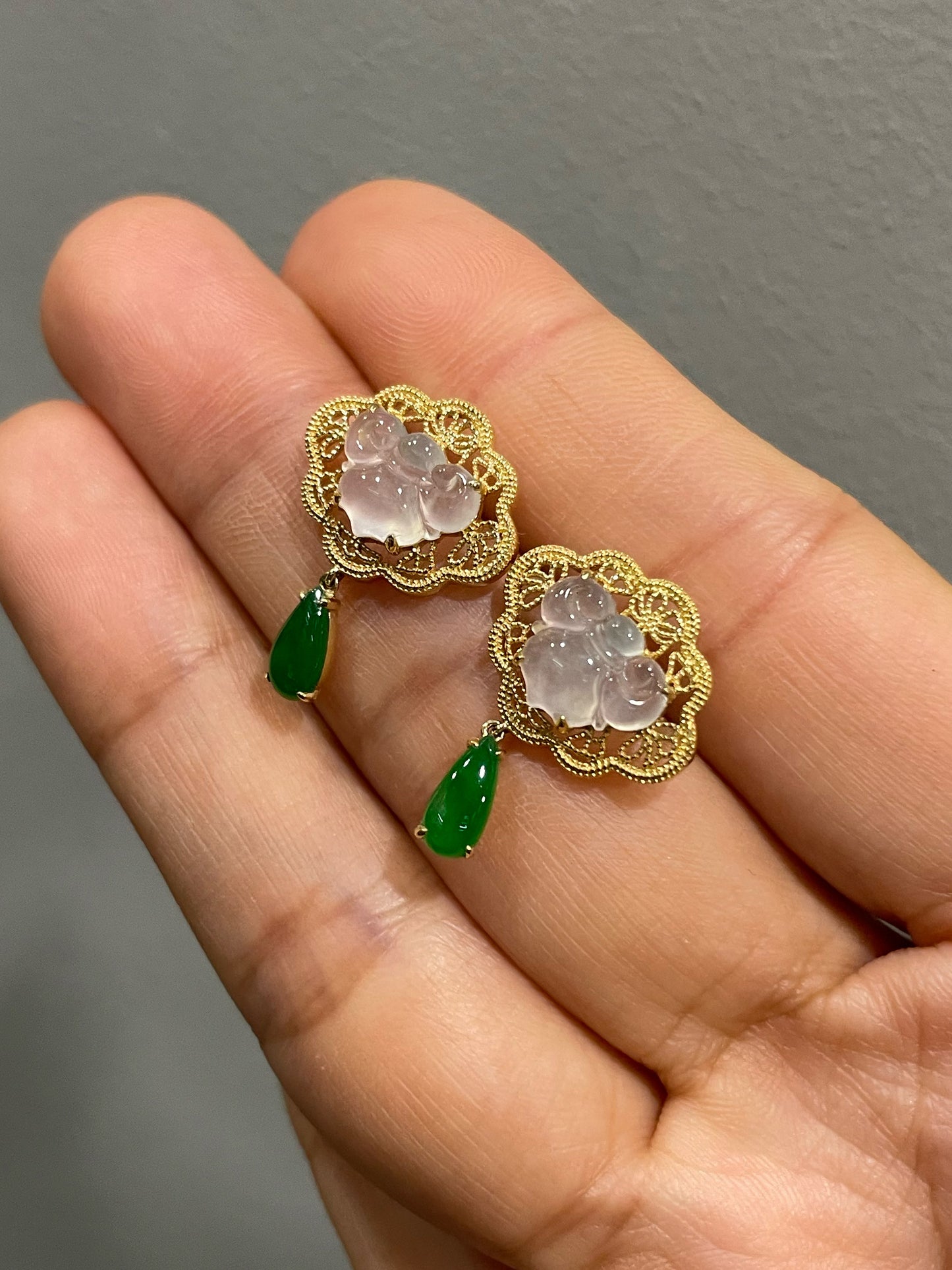 Icy White With Green Jadeite Earrings - Ruyi (NJE228)