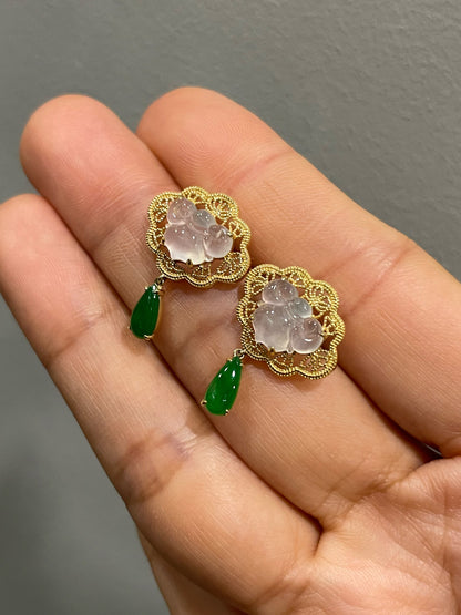 Icy White With Green Jadeite Earrings - Ruyi (NJE228)