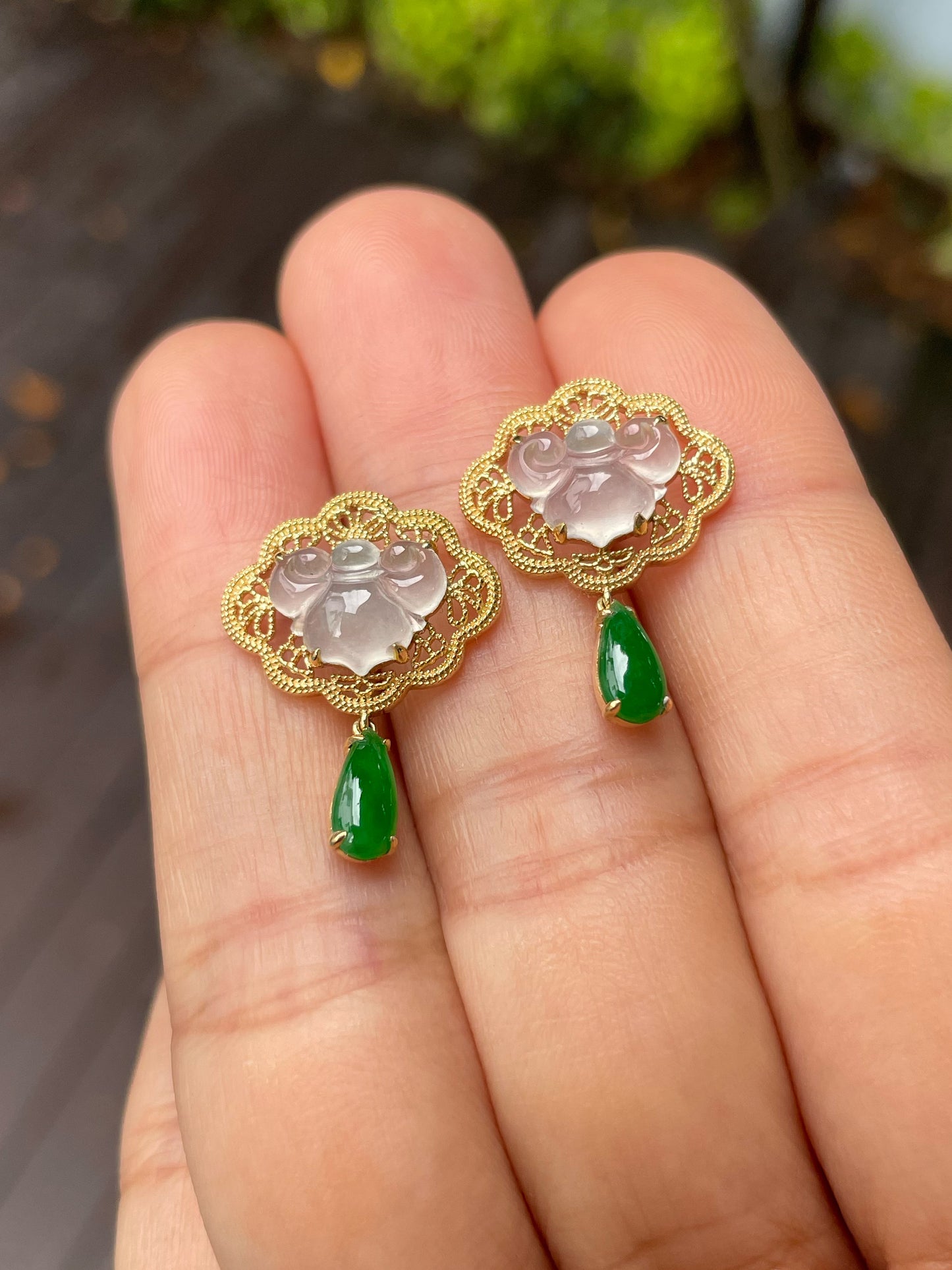 Icy White With Green Jadeite Earrings - Ruyi (NJE228)