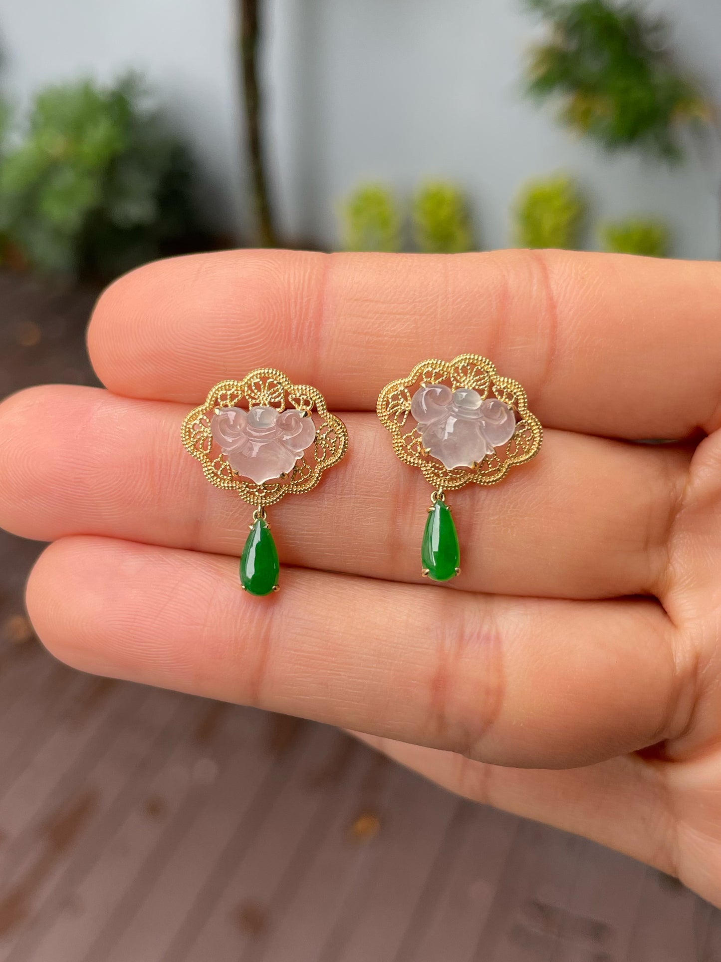 Icy White With Green Jadeite Earrings - Ruyi (NJE228)