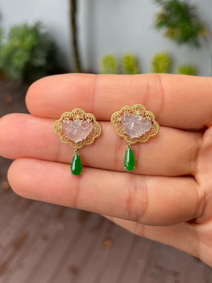 Icy White With Green Jadeite Earrings - Ruyi (NJE228)