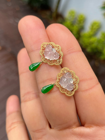 Icy White With Green Jadeite Earrings - Ruyi (NJE228)