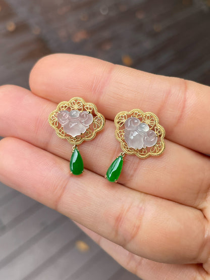 Icy White With Green Jadeite Earrings - Ruyi (NJE228)