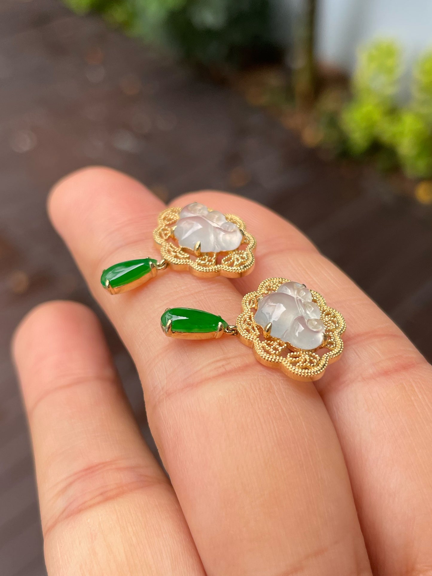 Icy White With Green Jadeite Earrings - Ruyi (NJE228)