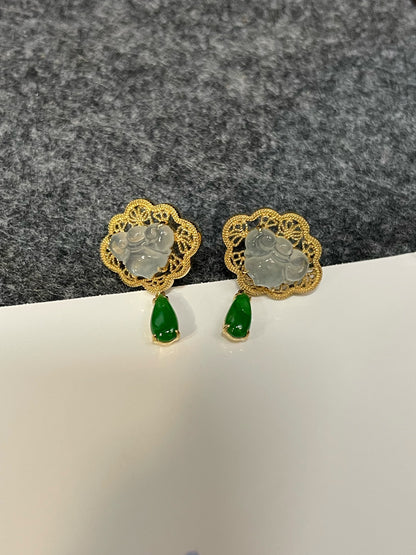 Icy White With Green Jadeite Earrings - Ruyi (NJE228)