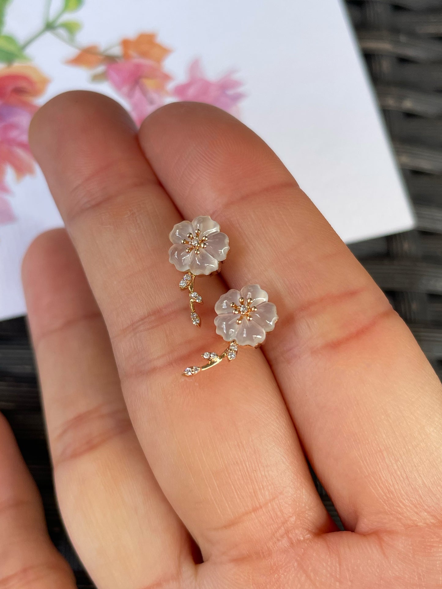Icy Carved Jade Earrings - Plum Blossoms (NJE256)