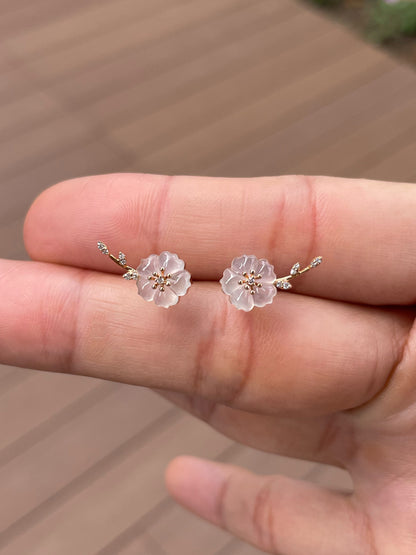 Icy Carved Jade Earrings - Plum Blossoms (NJE256)
