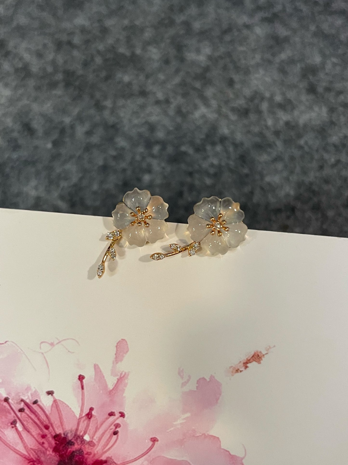 Icy Carved Jade Earrings - Plum Blossoms (NJE259)