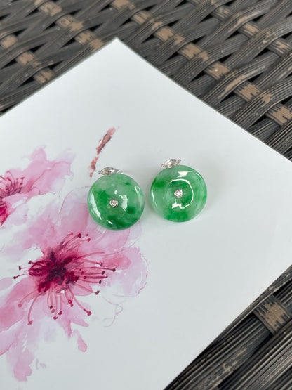 Green Jadeite Safety Coin Earrings - 平安扣 (NJE267)