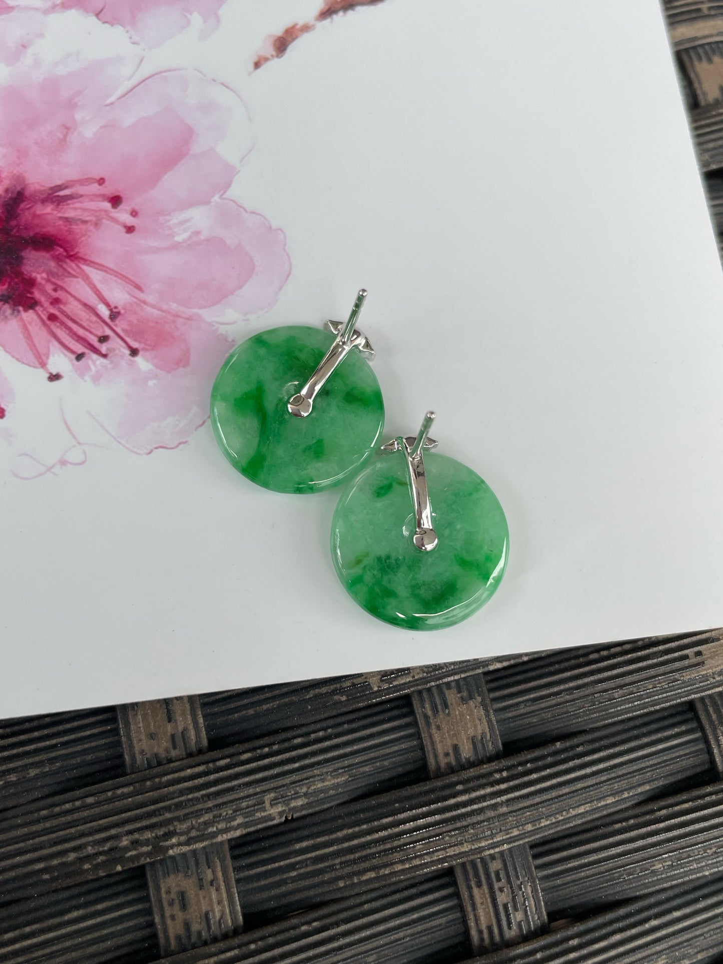 Green Jadeite Safety Coin Earrings - 平安扣 (NJE267)