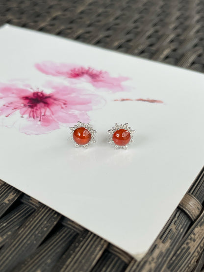 Orangey Red Jade Cabochon Earrings (NJE270)