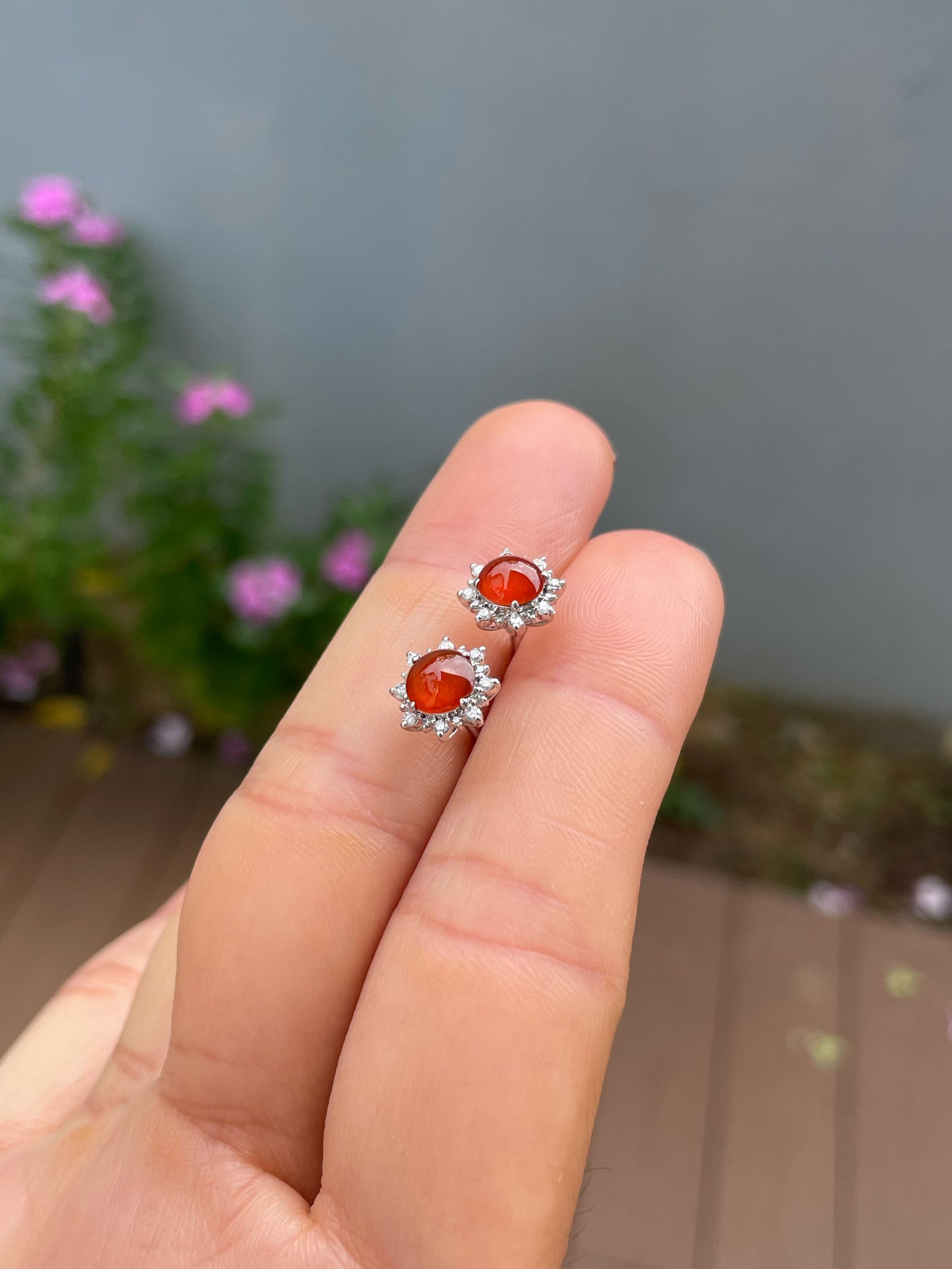 Orangey Red Jade Cabochon Earrings (NJE270)