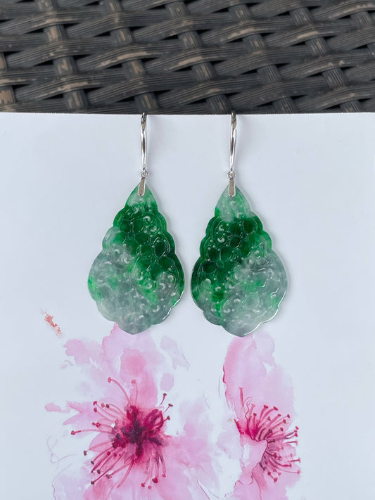 Green Jadeite Carved Earrings (NJE272)