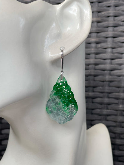 Green Jadeite Carved Earrings (NJE272)