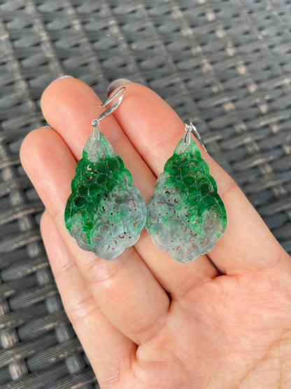 Green Jadeite Carved Earrings (NJE272)