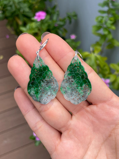 Green Jadeite Carved Earrings (NJE272)