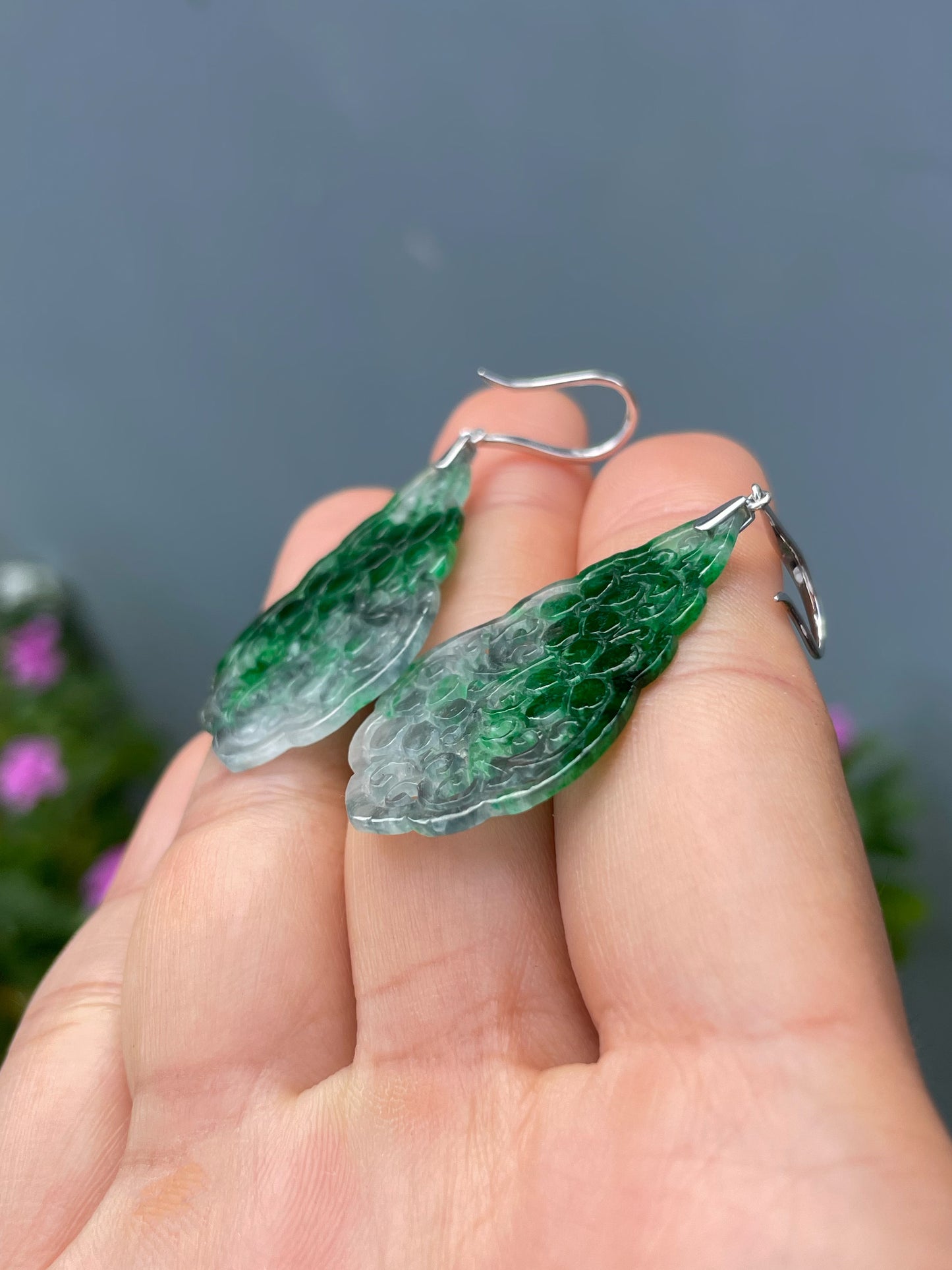 Green Jadeite Carved Earrings (NJE272)
