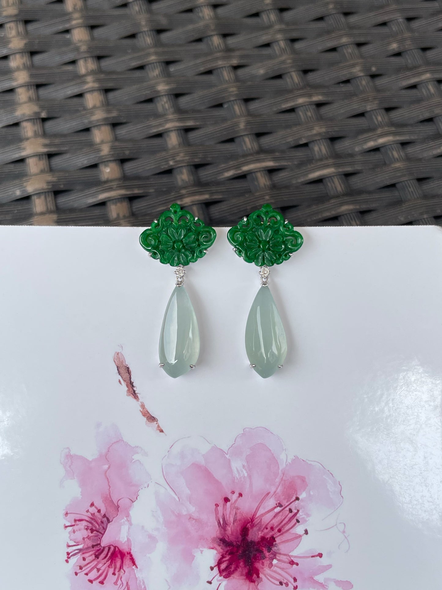 Icy White With Green Jadeite Earrings (NJE276)