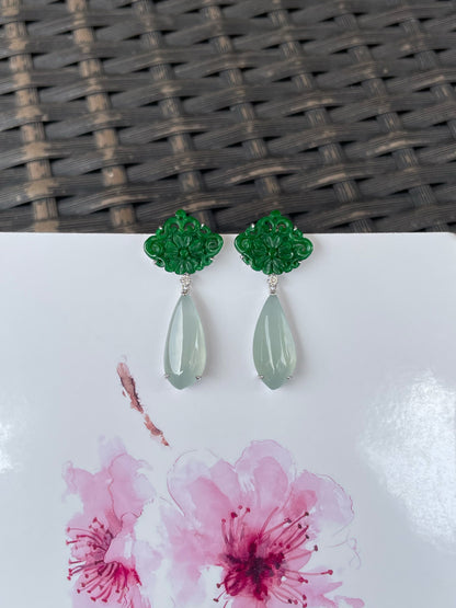 Icy White With Green Jadeite Earrings (NJE276)