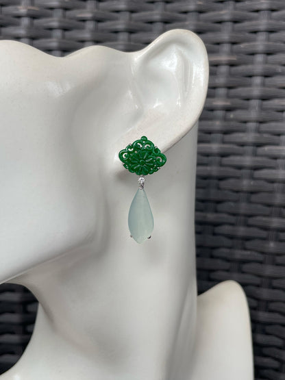 Icy White With Green Jadeite Earrings (NJE276)