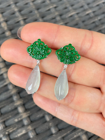 Icy White With Green Jadeite Earrings (NJE276)