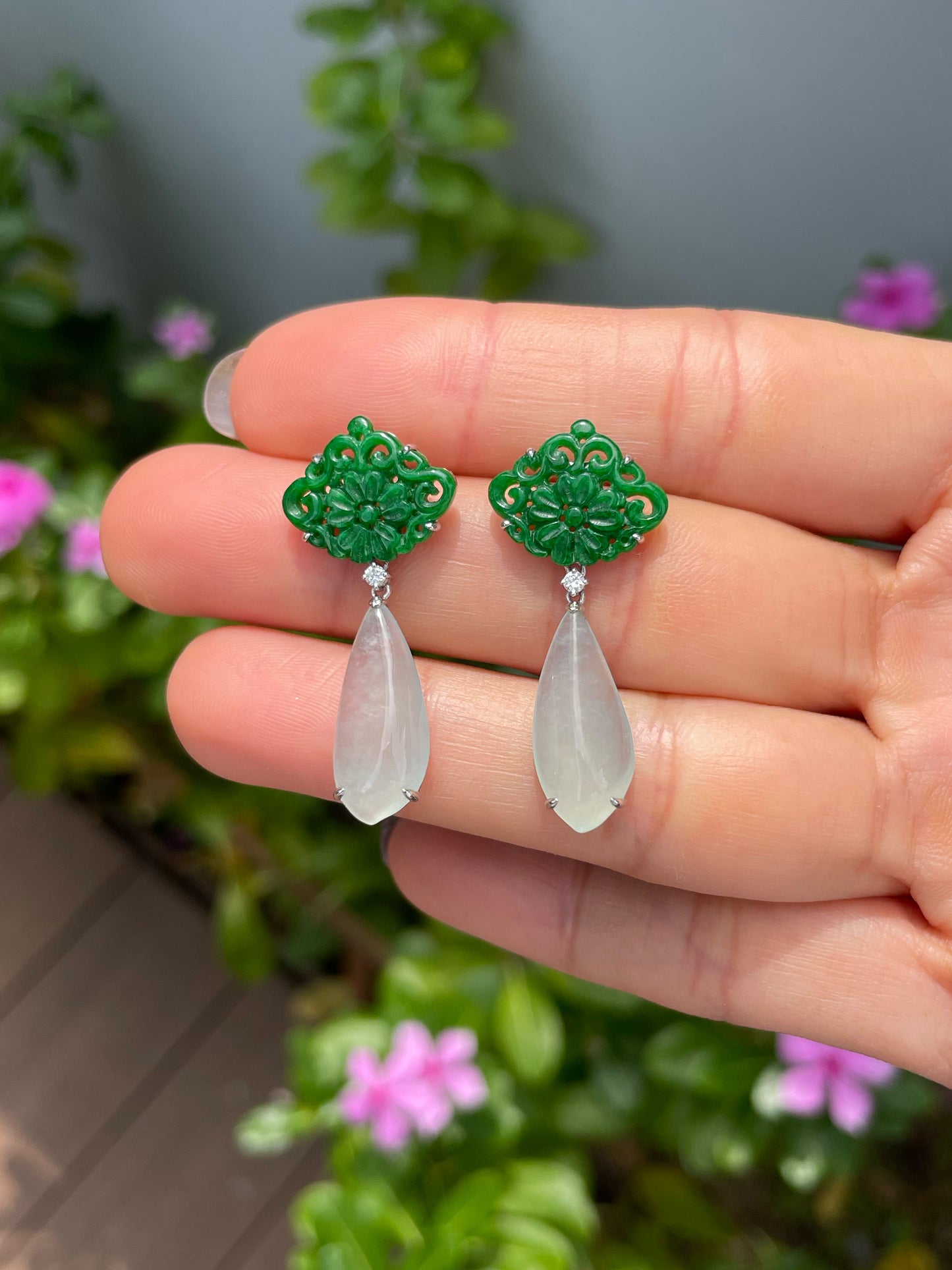 Icy White With Green Jadeite Earrings (NJE276)