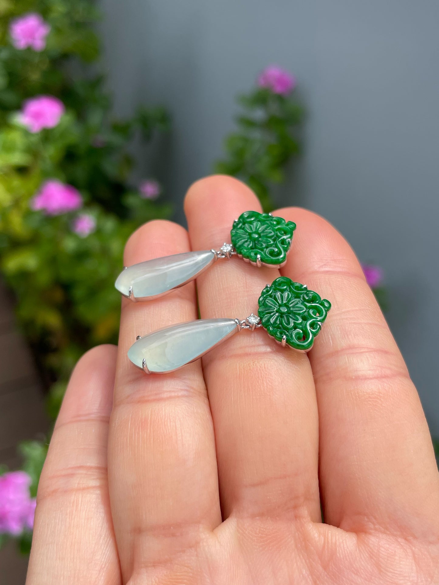 Icy White With Green Jadeite Earrings (NJE276)