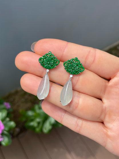 Icy White With Green Jadeite Earrings (NJE276)