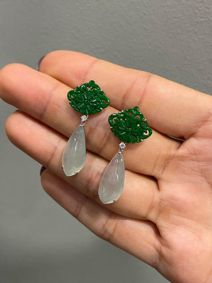 Icy White With Green Jadeite Earrings (NJE276)