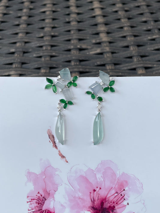 Icy White With Green Jadeite Earrings (NJE282)